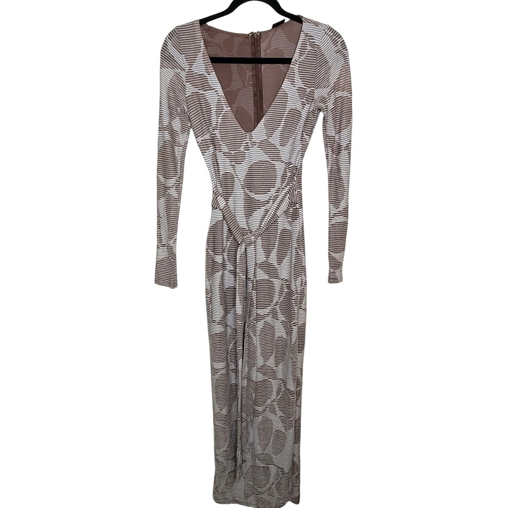 Blanc Geometric Dress Deep Plunge Neckline Long Sleeve Women's Sz S Brown/Ivory
